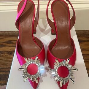 Amina Muaddi Pink Satin Crystal Heels